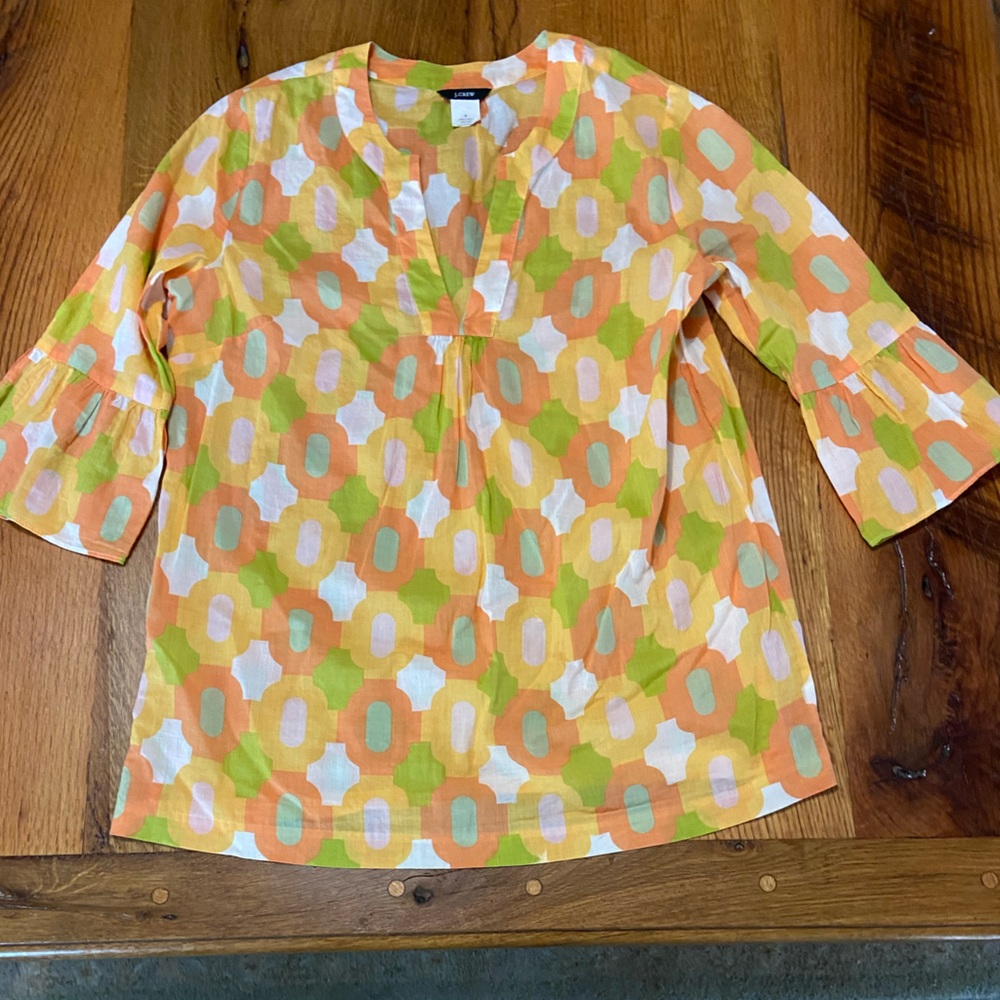J. Crew 100 % Cotton V-Neck Top/Tunic/Beach Cover Up in a Fun Geome Print, Small